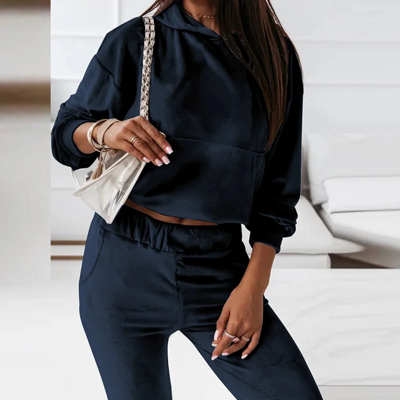 

Casual Long Sleeve Outfit Women Fall Solid Velvet Suit Winter 2 Piece Set Hooded Sweatshirt + Elastic Waist Long Pant Tracksuit