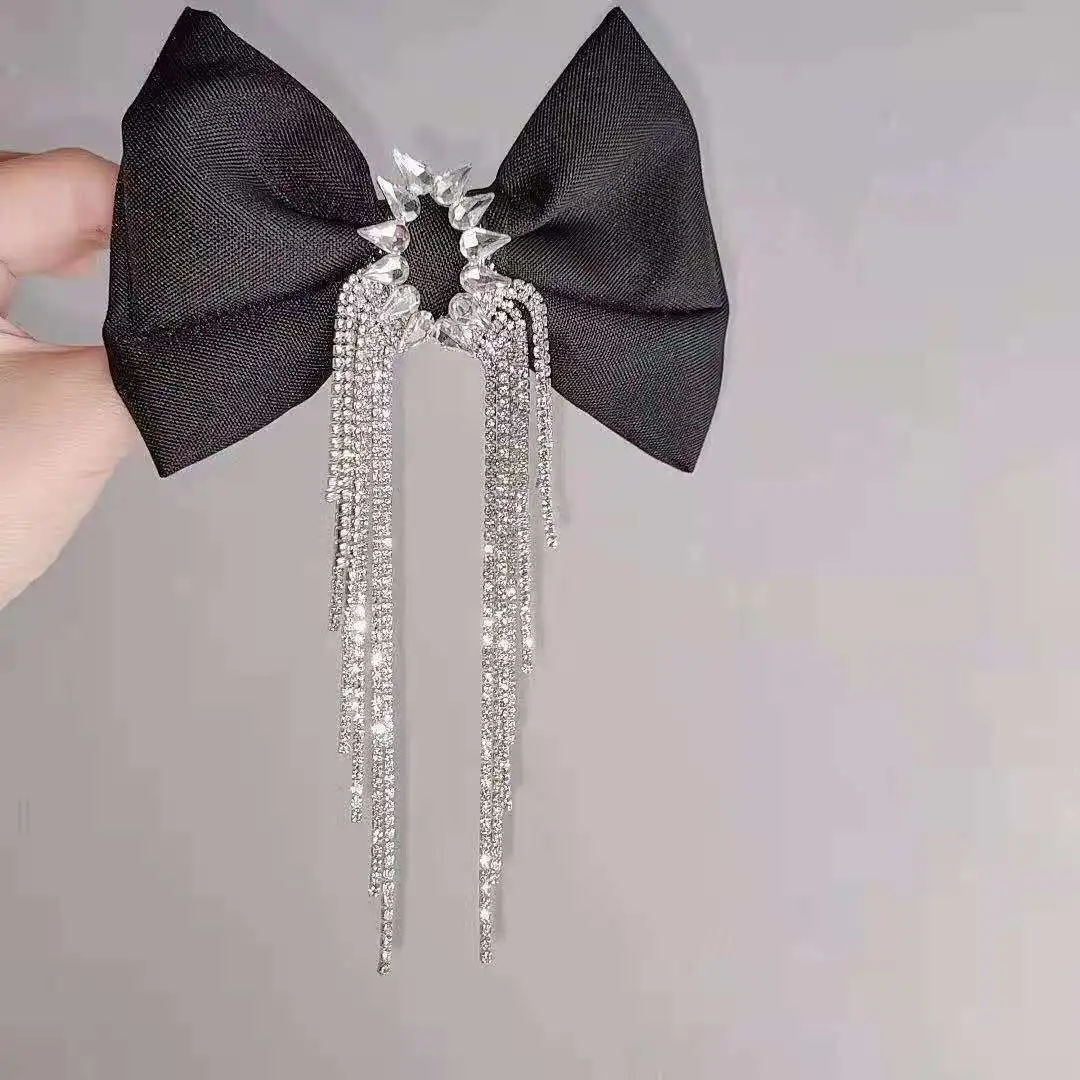 

Ladies Fashion Rhinestone Tassel Black Bow Hairpin Hair Accessories Bridal Temperament Exquisite Jewelry Girl Party Banquet Gift