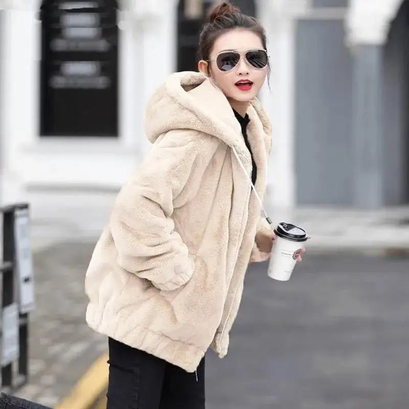 Plush Thickening Faux Rabbit Fur Hooded Jacket Women 2023 Winter New jackets Loose Long Sleeves Outerwear Fashion Female Coat