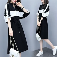 fashion contrasting colors spliced casual dress womens clothing korean zipper loose drawstring waist midi dresses for female