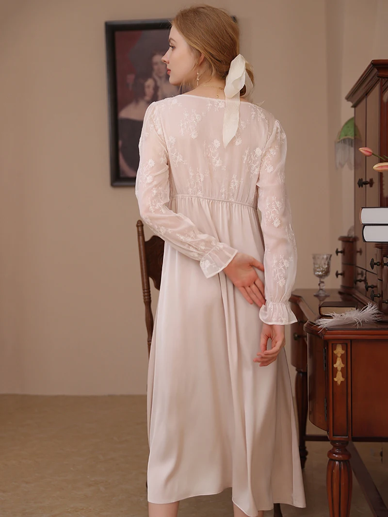 Women French Vinatge Night Dress Spring Autumn Long Princess Fairy Pajama Silk Relaxed Lace V-Neck Home Sleepwear Nightgowns