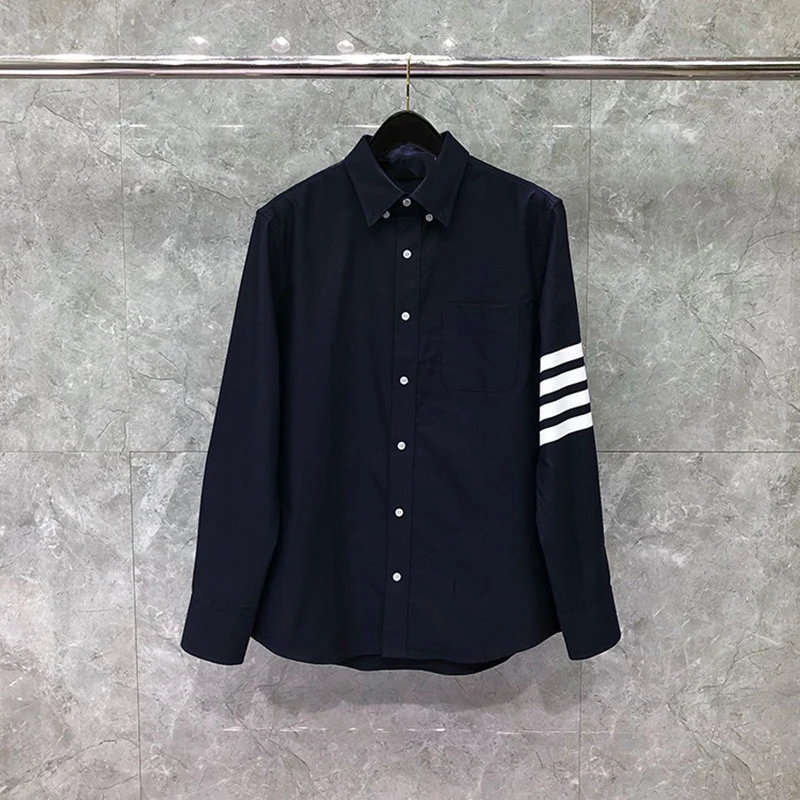 TB THOM Men's Shirt Navy Fashion Top Brand 4-Bar White Stripes Casual Oxford Fine Cotton Long Sleeve High Quality Women's Shirts