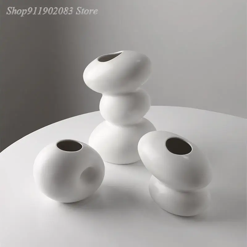 

Ceramic Vase White Oval Cobblestone Flower Vase Flower Arrangement Accessories Ceramic Handicraft Ornaments Home Decor