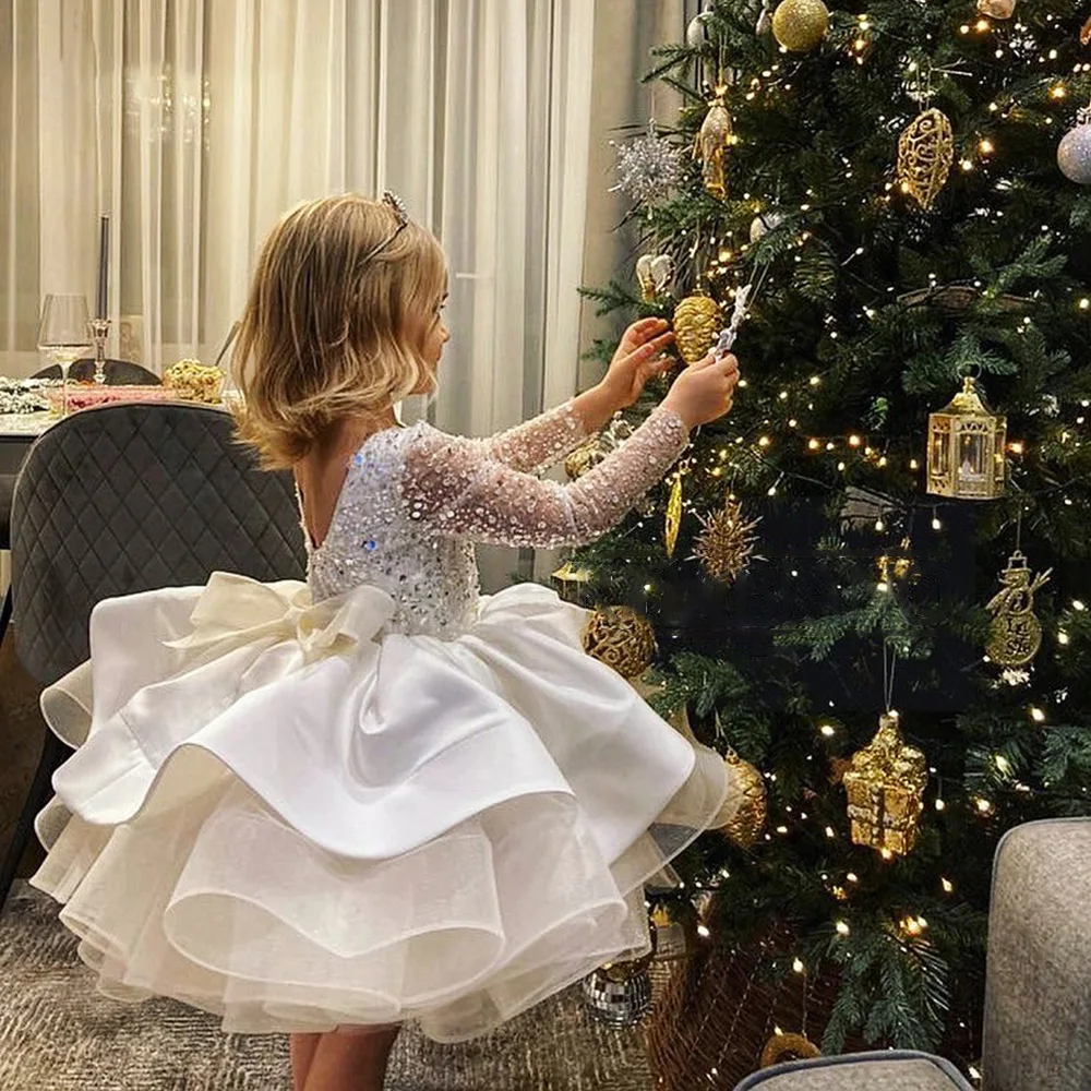 

Formal Long Sleeve Lace Sequins Wedding Princess Dress Host Birthday Evening Bow Kids Dress for Girl Bridesmaid Children Clothes