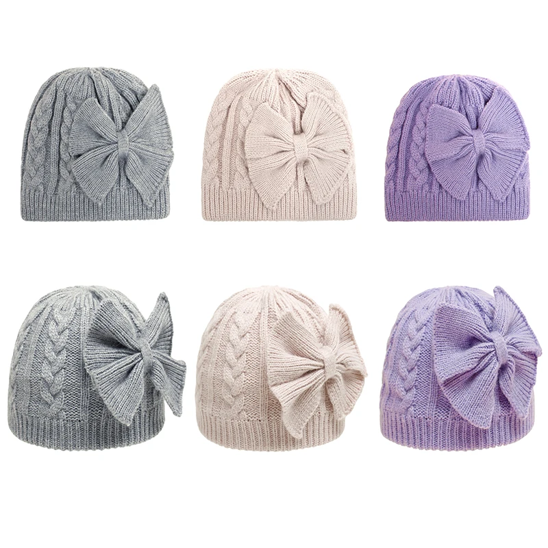 

Baby Hat Cotton Warm Skin-friendly Autumn Winter Infant Bow Knitted for Boys Girls Beanies Solid Color Bonnet Hat 0-1 Years Old