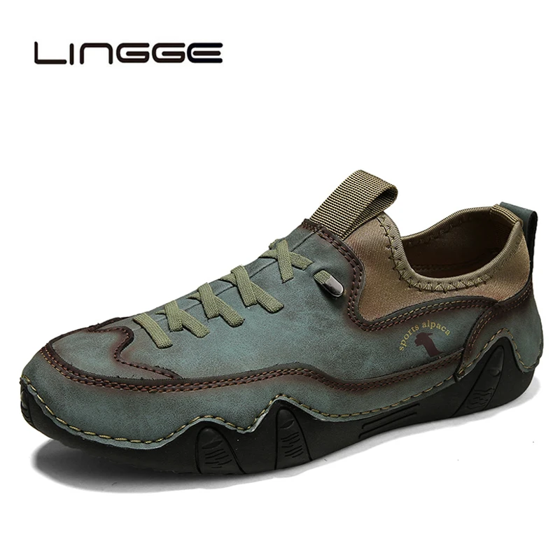 

LINGGE Leather Men Casual Shoes Handmade Men Sneakers Breathable Mens Loafers Shoes Luxury Moccasins Men Boat Shoes Plus Size 48