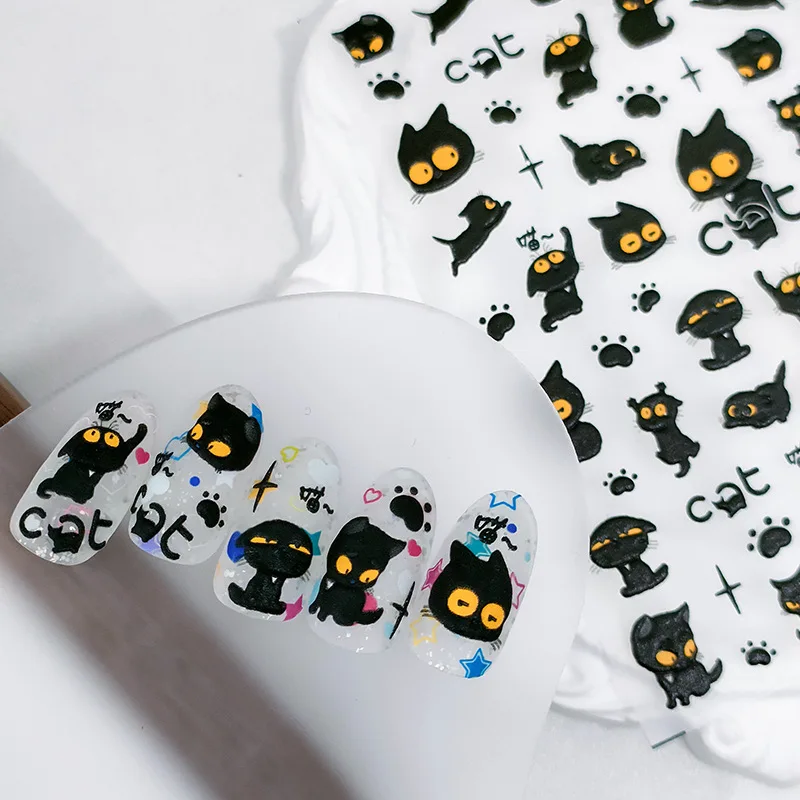 

1Sheet 5D Realistic Relief Cute Yellow Eye Black Cat Claw Adheisve Nail Art Stickers Decals Manicure Charms Accessories