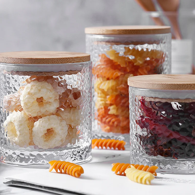 

Carved Glass Jar Cylindrical Candy Jar Kitchen Large Capacity Airtight Jar with Wooden Lid Food Tea Jar Glass Container Decor