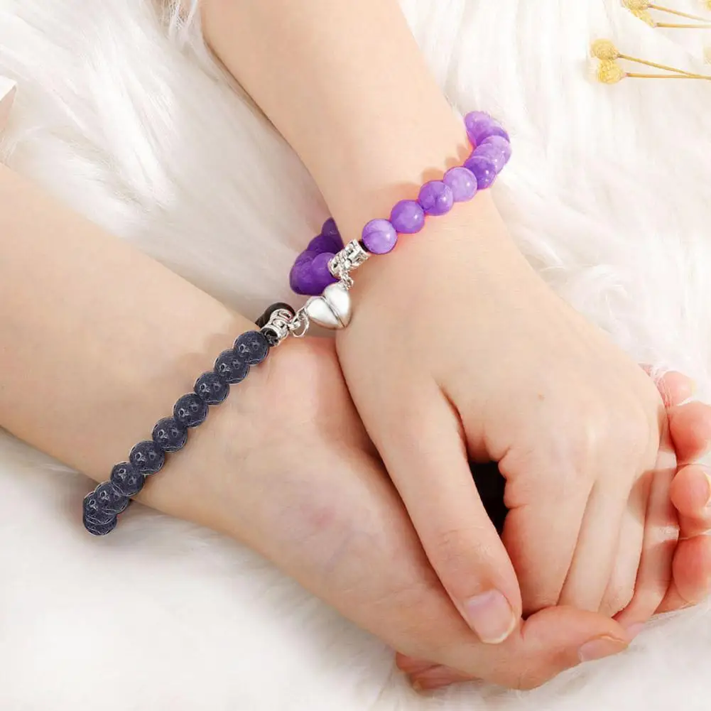 

Love Bracelet 2 Piece Purple Wind Fossil+volcanic Rock Beads Turquoise magnetic Bracelet suction Induction Heart With Coupl Z6Y0