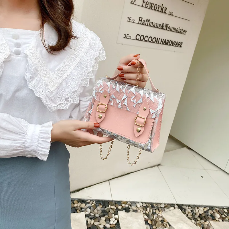 

Fashion Female Bag 2022 Trend Transparent Printing Hit Color Chain Small Square Bag Single Shoulder Crossbody Bag Messenger Bag