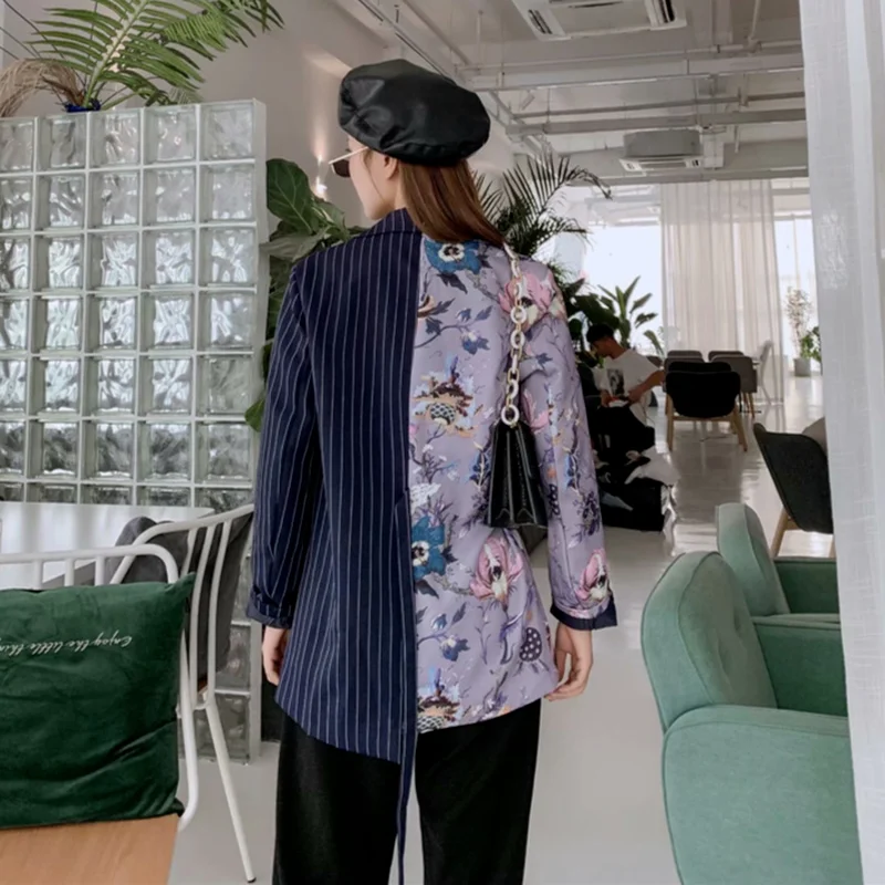 Striped and Floral Blazer with Bandage 2021 Women Fashion Buttonless Patchwork Lace Up Casual Office Blazer Suit with Free Belt