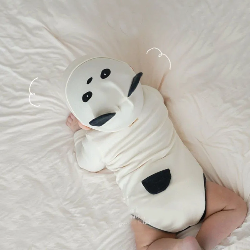 2022 Spring Summer New Cute Panda Print Baby Bodysuit Infant Cartoon Clothes Cotton Toddler Boy Long Sleeve Jumpsuit + Hat 0-24M