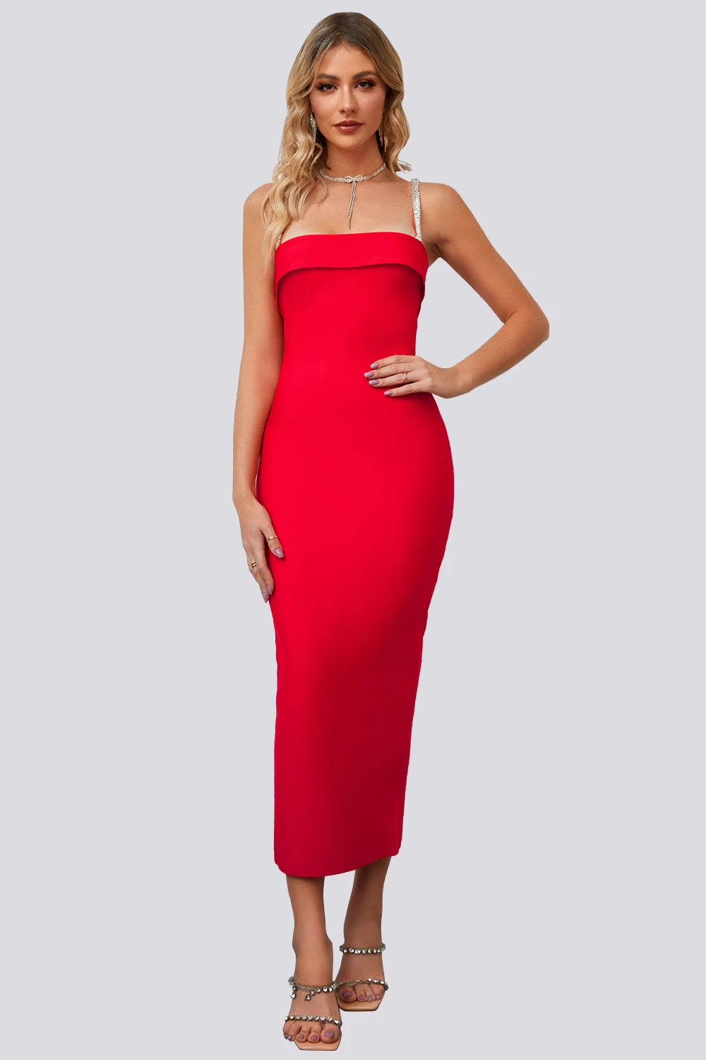 

2023 летнее сверкающее бриллиантовое платье на бретельках красного цвета Бандажное женское вечернее платье