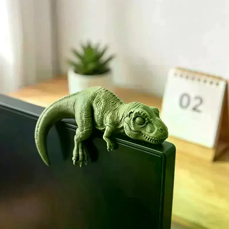 Фото Фигурки T-Rex Monitor Topper: 3D-печатные миниатюрные ленивые динозавры для стола/монитора/полки, милые украшения в стиле Юрского периода, спящие динозавры №3