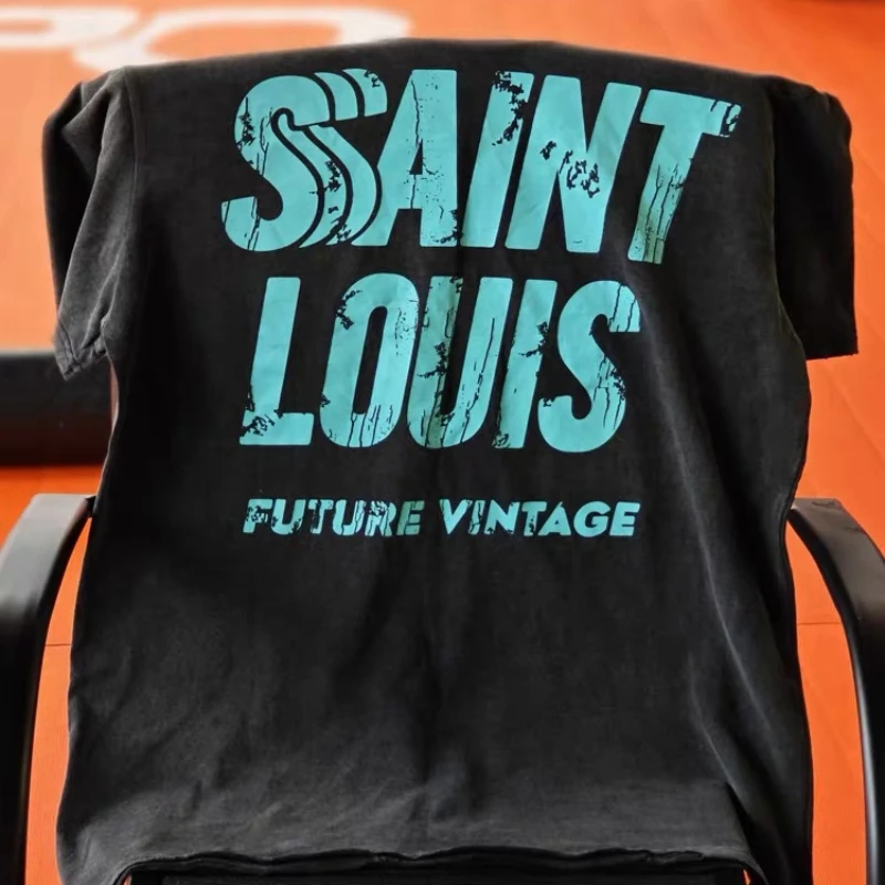 

Saint Louis Splash-ink T Shirts Men Women 1:1 High Quality Logo Letter Printing Washed Black Oversized T-Shirts