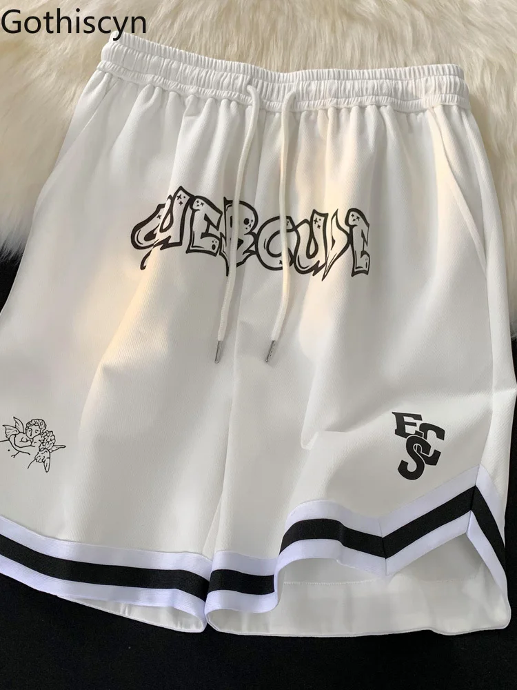 

Gothiscyn Men Basketball Shorts Baggy Summer White Wide Leg Short Sweat Pants Casual American Streetwear Elastic Waist Bottoms