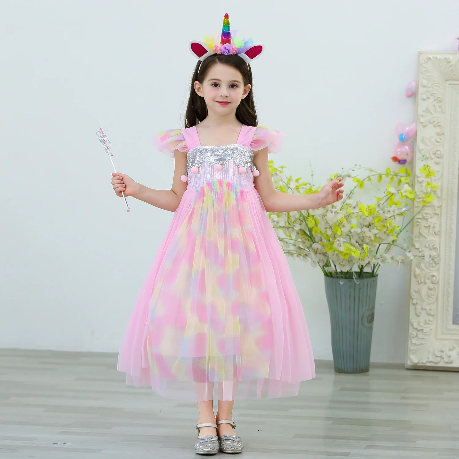 

Girl Princess Dress Gauze Pink Baby Anime Unicorn Cartoon Print Snow White Cinderella Cosplay Costume Christmas Party Clothes