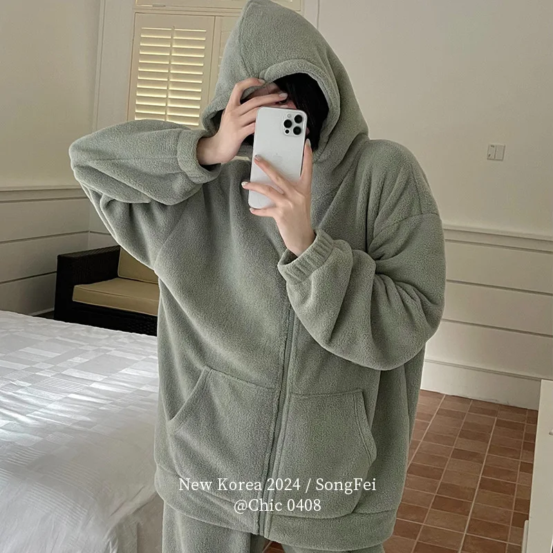 

Осенне-зимние пижамные комплекты, женские утепленные Теплые Топы на молнии с капюшоном и штаны, флисовая одежда для сна, верхняя одежда, костюм для дома, новинка 2023