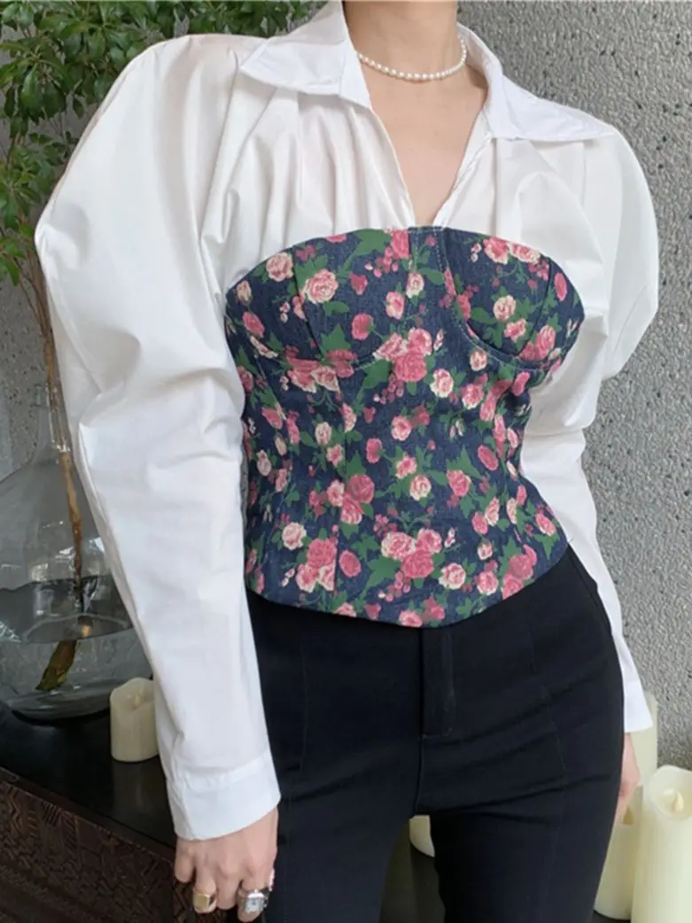 

HziriP New French Women Fake Two Pieces Shirts Retro 2022 Spring Florals Fashion Hot Casual Printing Office Wear Slim Tops