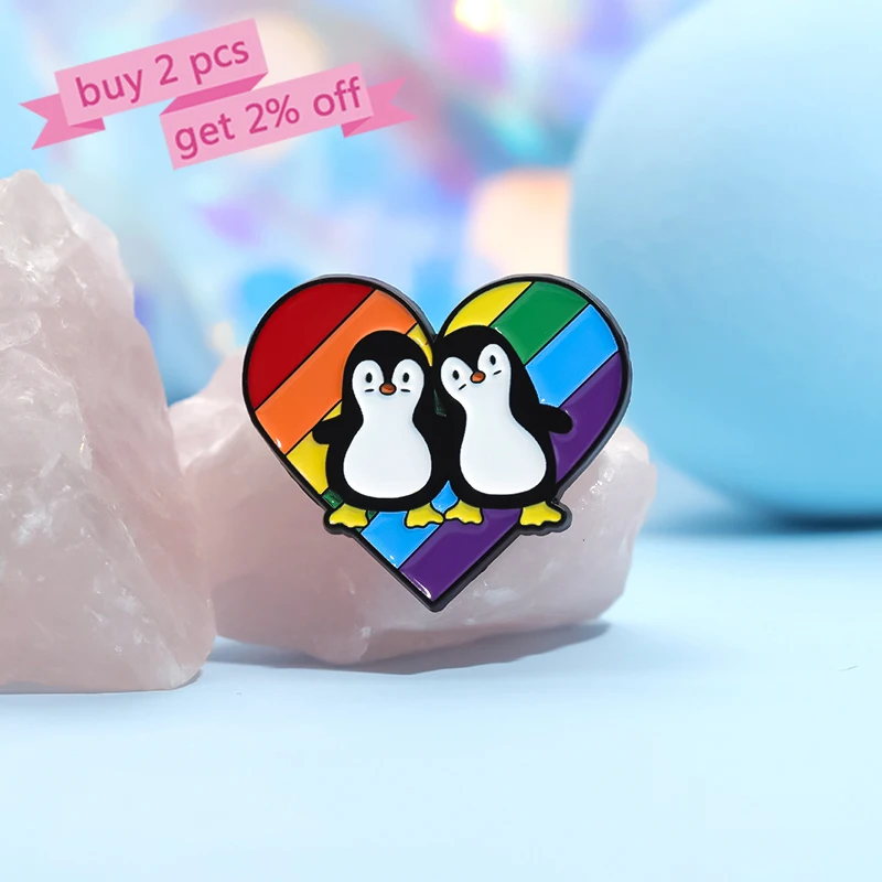 Эмалированные значки парные Пингвины под заказ ЛГБТ Радужное сердце ...