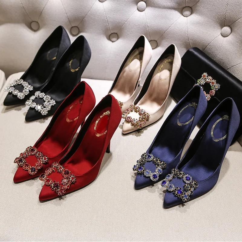 

Женские остроносые туфли на высоком каблуке, свадебные туфли с квадратной пряжкой и кристаллами, весна-осень 2023