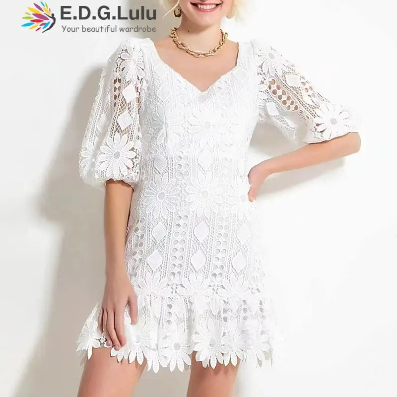 

EDGLuLu Vestidos Mujer Primavera Verano 2022 V-neck Hollow Lace Embroidery Flowers White Dress Elegant Fashion Party Dress 0623