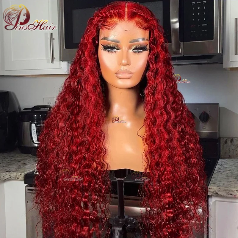 Red Lace Front Human Hai Wigs 13X4 Burgundy 99j Deep Wave Lace Frontal Wig Transparent Lace 30 Inch Red Curly Human Hair Wigs