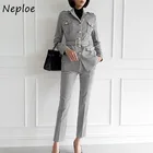 Новинка 2022, офисный женский костюм Neploe, профессиональный темпераментный пиджак с длинным рукавом и поясом на талии + брюки в клетку, комплект из двух предметов