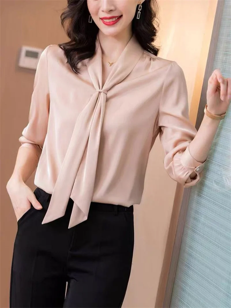 Женская однотонная атласная блузка с длинным рукавом и воротником-шарфом |