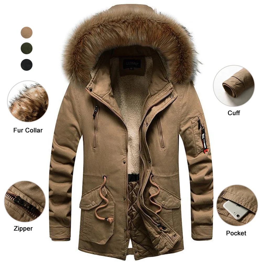 Winter Coat Men Fur Collar Fleece Jacket Thick Parka Military Outerwear Casual Hooded Warm Overcoat Mid-length Tops Ropa Hombre