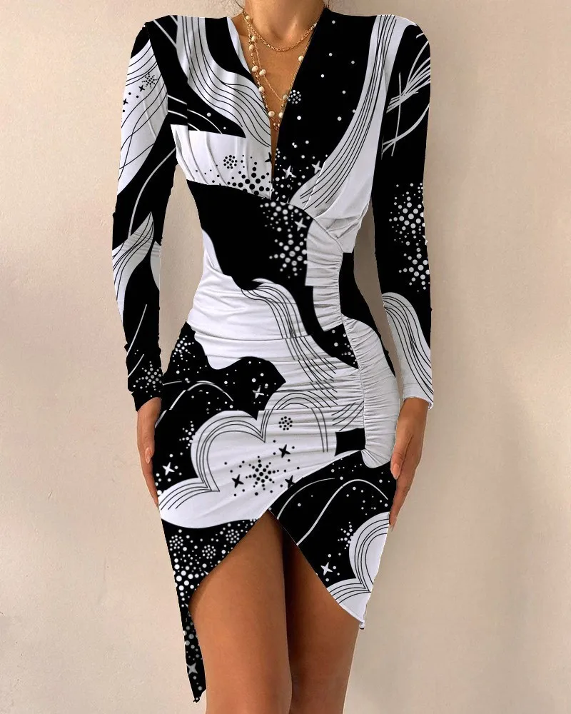 

Deep V-neck Women's Dress Slim Long Sleeve Printed Tight Split Dress Women's Elegant 2023 Autumn Pleated Party Dress Vestidos