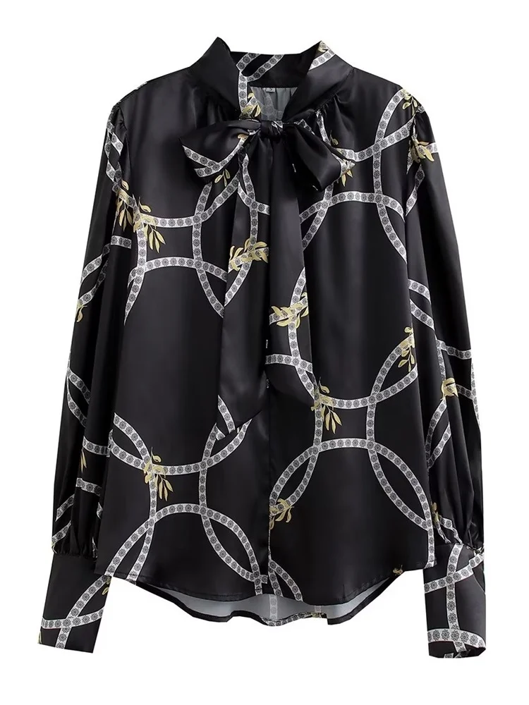 

TRAF Women 2022 Fashion Chain Print With Bow Tied Asymmetrical Blouses Vintage Long Sleeve Single-Breasted Shirts Streetwear