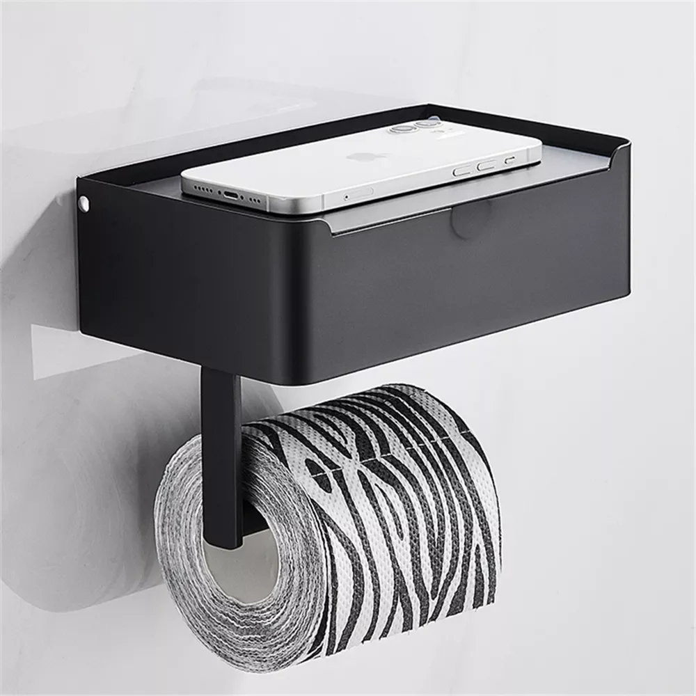 

Bathroom Black Paper Holder With Storage Box Wall Mounted Stainless steel Phone Rack Toilet Tissue Shelf Bathroom Accessories