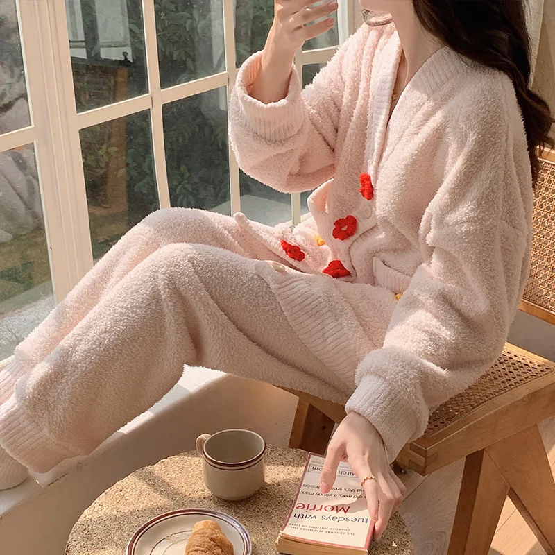 Yasuk Winter Women Girl Casual Warm Soft Sleepwear Pajamas With Pant Velvet Fleecel Cute Thick Pocket Flower Gentle