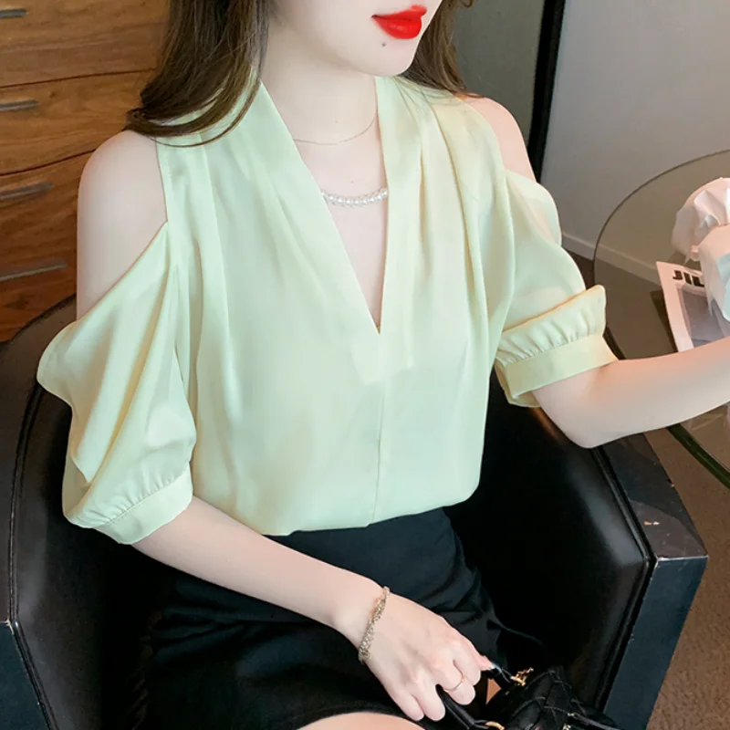 

Elegant Short Sleeve Blouse Solid Color V-Neck White Shirt Women Tops Office Lady Sexy Off Shoulder Chiffon Clothes Blusas 26989