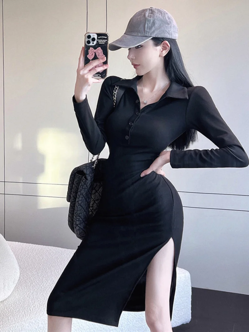 

Женское длинное трикотажное платье-поло с высокой талией и воротником с лацканами