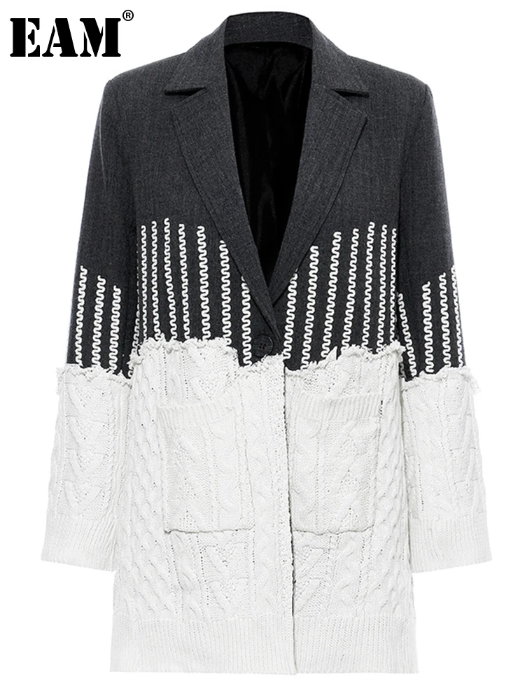 

[EAM] Loose Fit Contrast Color Knitting Split Woolen Coat Parkas New Long Sleeve Women Fashion Tide Spring Autumn 2023 JZ248