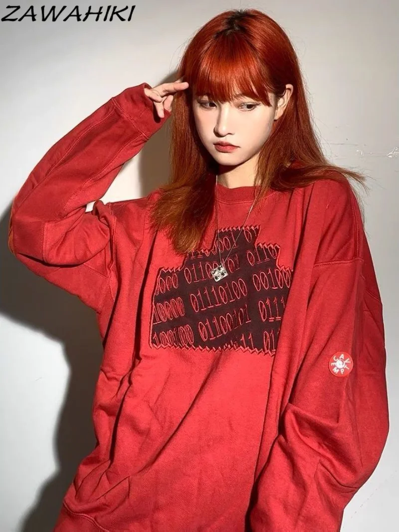 

Винтажный женский красный свитшот с круглым вырезом и надписью, модный теплый пуловер в стиле хип-хоп на осень и зиму с длинным рукавом, толс...