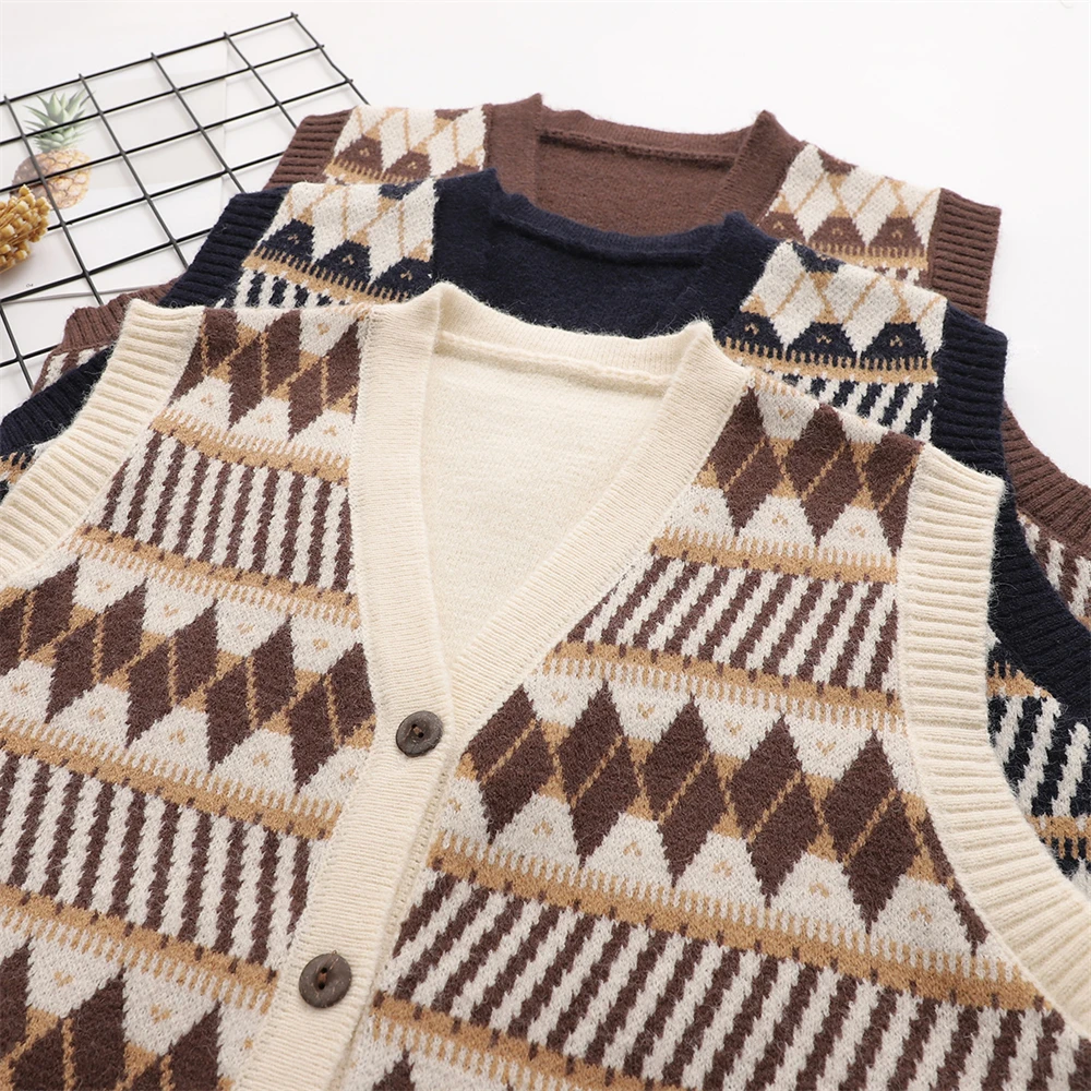 

Autumn & Winter V-Neck Geometric Jacquard Tops Knitted Cardigan Ladies Vest Loose Cotton Single-Breasted Sleeveless Sweater