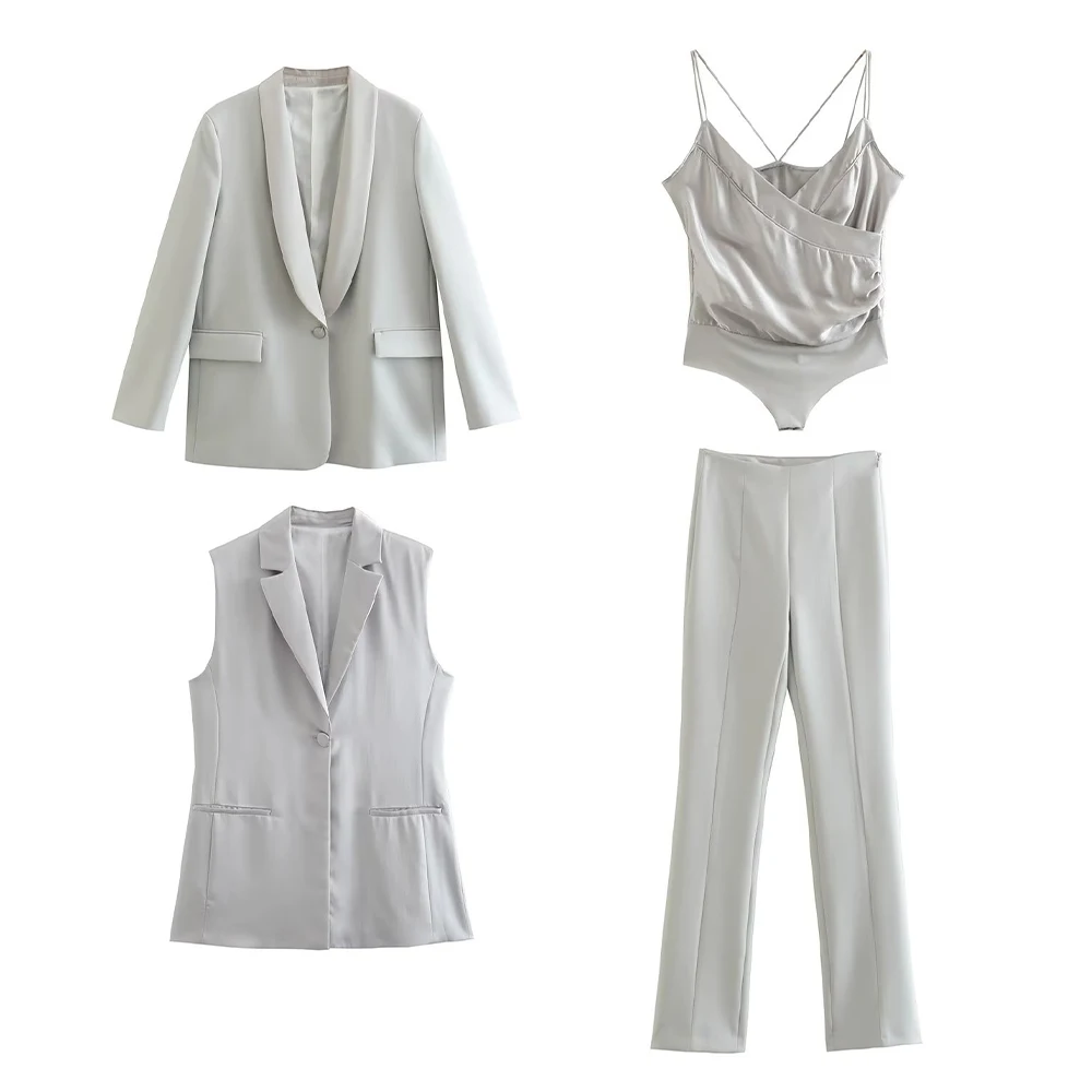 

Женская новая шелковая атласная текстура, блестящая куртка 2022, модное украшение с карманами, яркое женское блестящее платье из четырех пред...