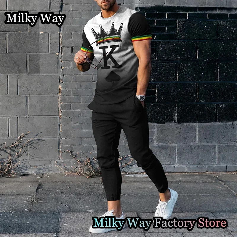 Summer Men Tracksuit 2 Pieces King Printing T-Shirt Trousers Set Casual Jogging Suit Fashion Trend Outfit Male Cool Streetwear