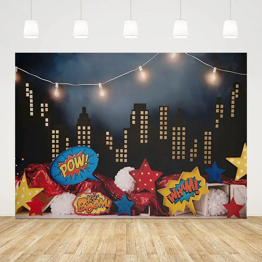 

Фон для фотосъемки Mehofond Pow Boom City со светильник вездами и тематикой детского дня рождения портретная декорация фон для фотостудии
