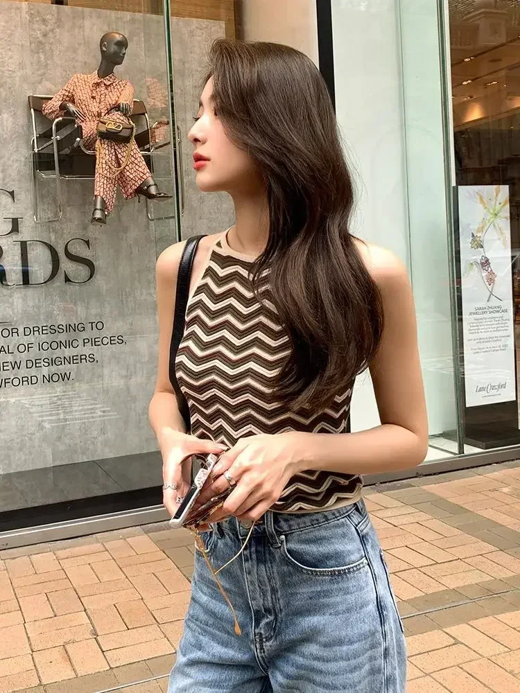 Женское трикотажное пальто с лямкой на шее Короткая Безрукавка волнистыми