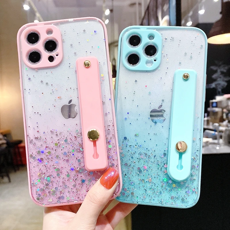 

Soft Wrist Strap Glitter Phone Case For iPhone 12 11 13 Pro Max X XR XS Max 7 8 Plus SE 2020 Mini Transparent Bumper Back Cover
