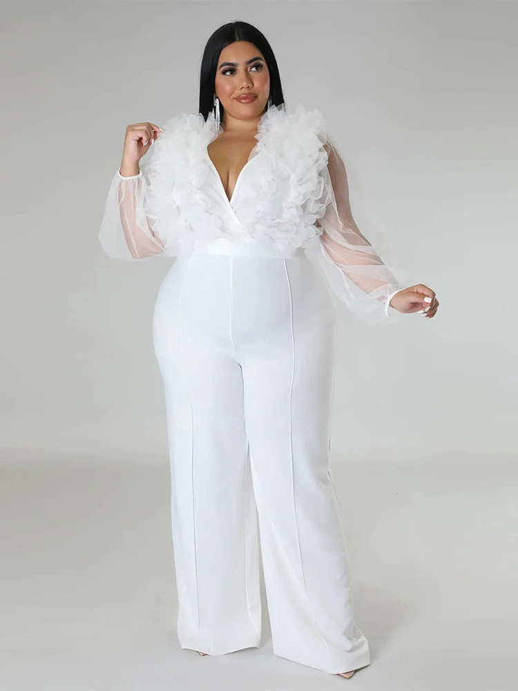 Plus Size Jumpsuits White See Through Long Sleeve Tulle V Neck High Waist Evening Party Overalls Rompers One Piece Outfits 5XL