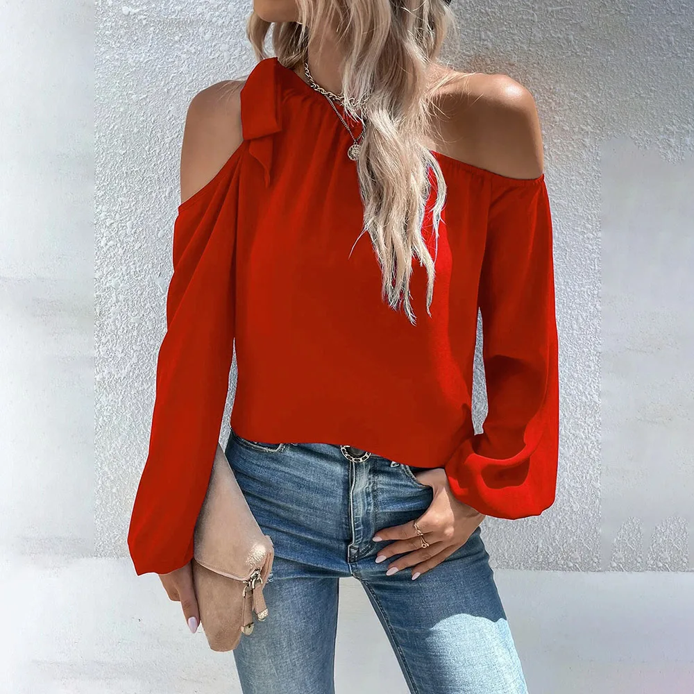 

Summer One Shoulder Long Sleeve Tops Women 2023 Fashion Loose Off The Shoulder Lace Up Top Blouse Femme Shirts