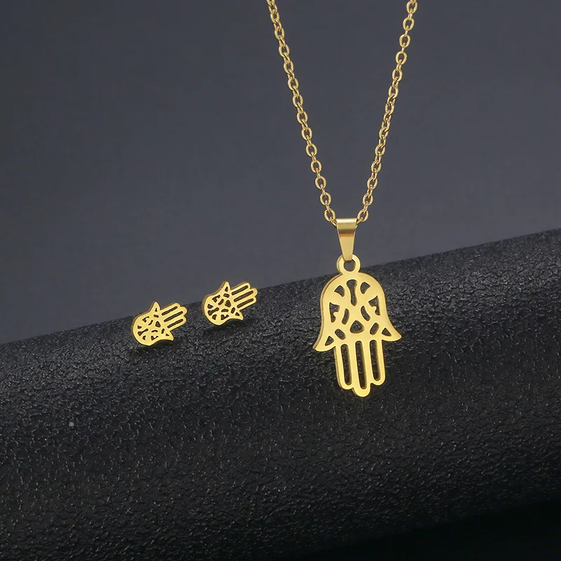 

Lucky Turkish Islamic Stainless Steel Gold Color Hand Hamsa Pendant Necklace Vintage Hand of Fatima Jewelry Set for Men Women