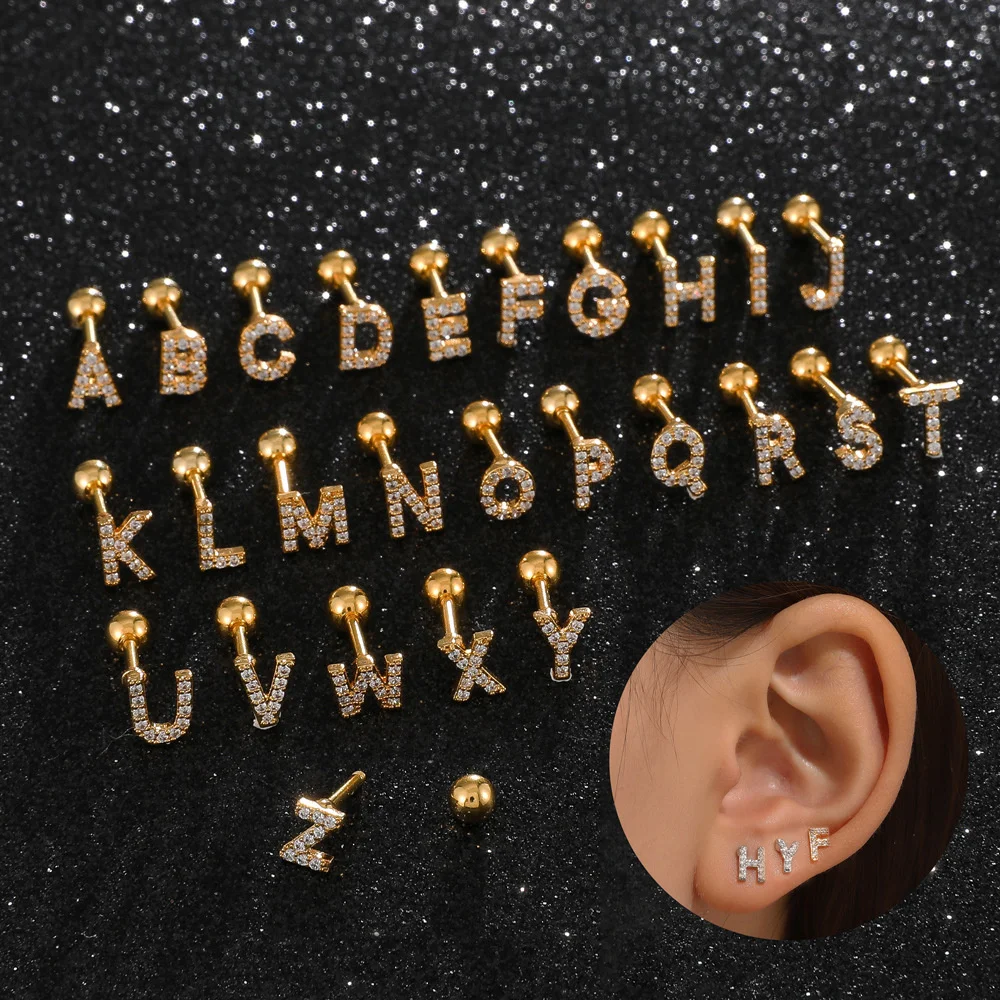 

Luxury Zircon Stud Earring Gold Alloy Geometric English Letters Ear Bone Puncture Vintage Personality Creative Earring Jewelry