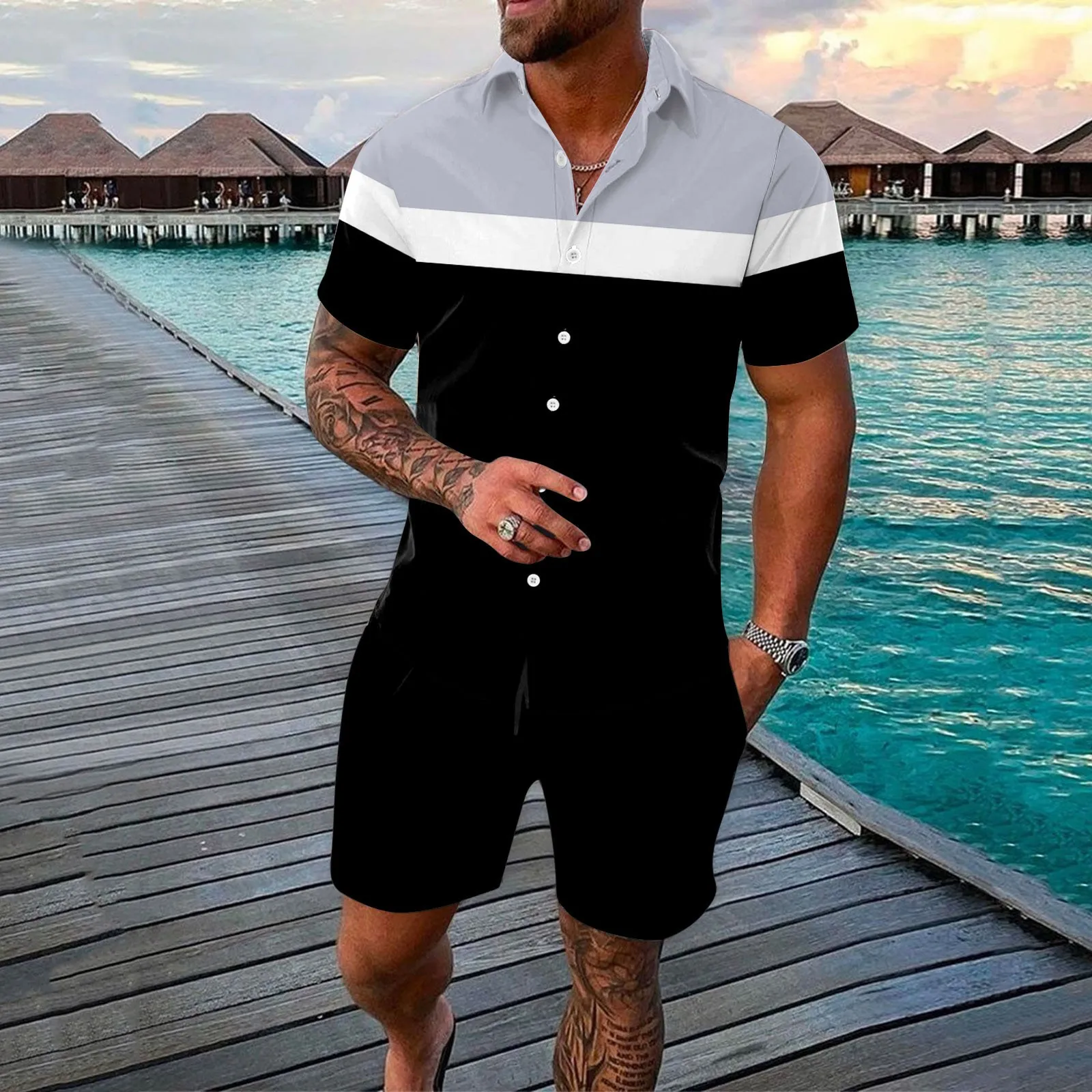 

T Shirt Shorts Set Hawaiian 2 piece set lapel Collar Men sets short Sleeve Ensemble Homme Color Block Conjuntos Vacation 2023