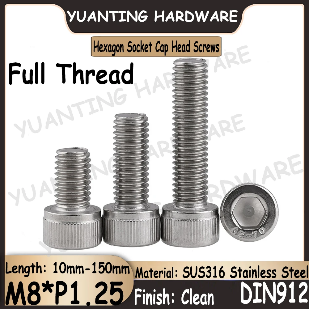 

2Pcs-10Pcs M8*P1.25x10mm-150mm DIN912 SUS316 Stainless Steel Hexagon Socket Knurled Cap Head Screws Bolts with Full Thread